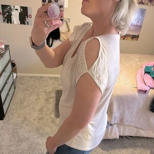 White House Black Market V-Neck Slit, short detailed sleeve in a neutral tan.